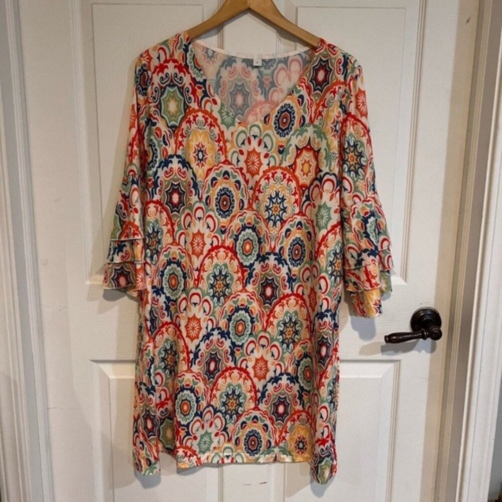 Boho Mandala Print Dress Multicolor Festival Style 3/4 Sleeve Shift Size Large
